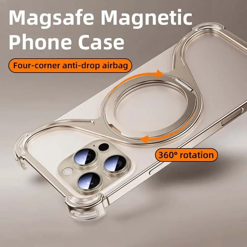 product ultra thin hard shockproof magnetic kickstand 360 rotatable mobile phone case for iphone 15pro frame metal with stand holder-2