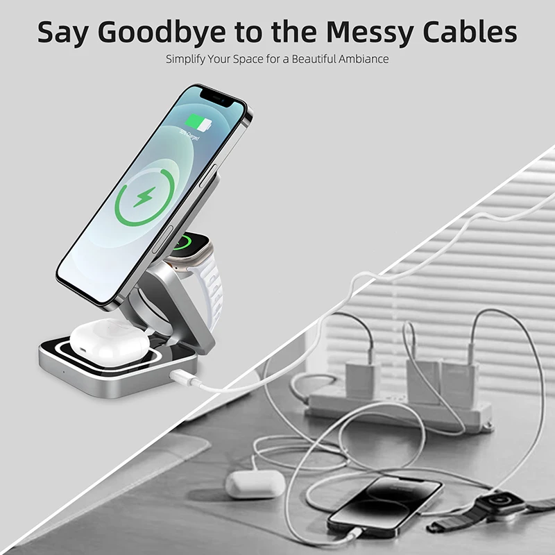 Foldable 15W Fast Magnetic 3 in 1 Wireless Charger Qi Cargador Inalambrico 3 En 1 Portable Wireless Adapter for Smartphone