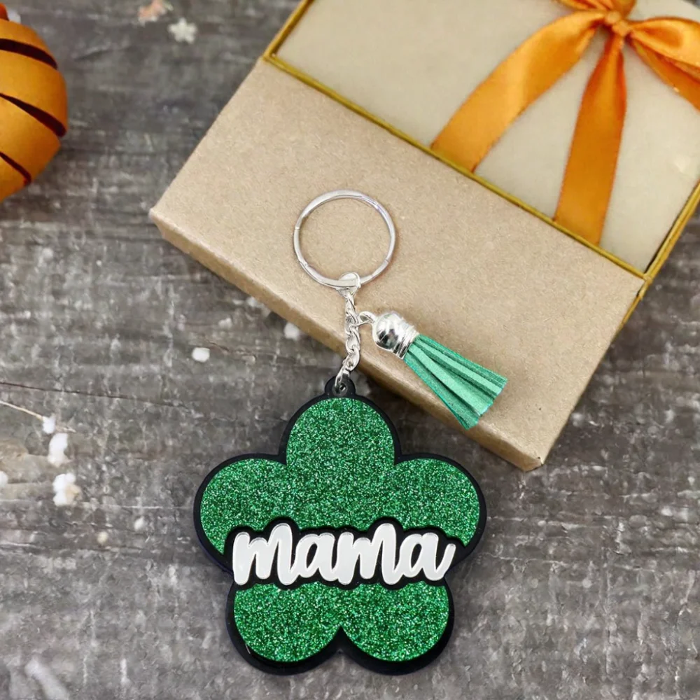 HYLKH1336 Green Scallion Powder Keychain Handmade Acrylic Mama Flower Coin Holder UV Printed Iron Unique Coin Holder Keychain factory