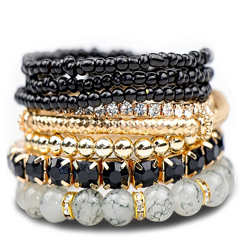 Wholesale Bohemian Fashion Charm Stack Bracelets Set Colorful Natural Stone Boho Ethnic Rice Beaded Jewelry Bracelet Gift Sets
