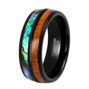 Fashion 8mm Black Tungsten Wedding Rings for Men High Polished Koa Wood Abalone Shell Ring Wholesale Alalone Shell Tungsten Ring