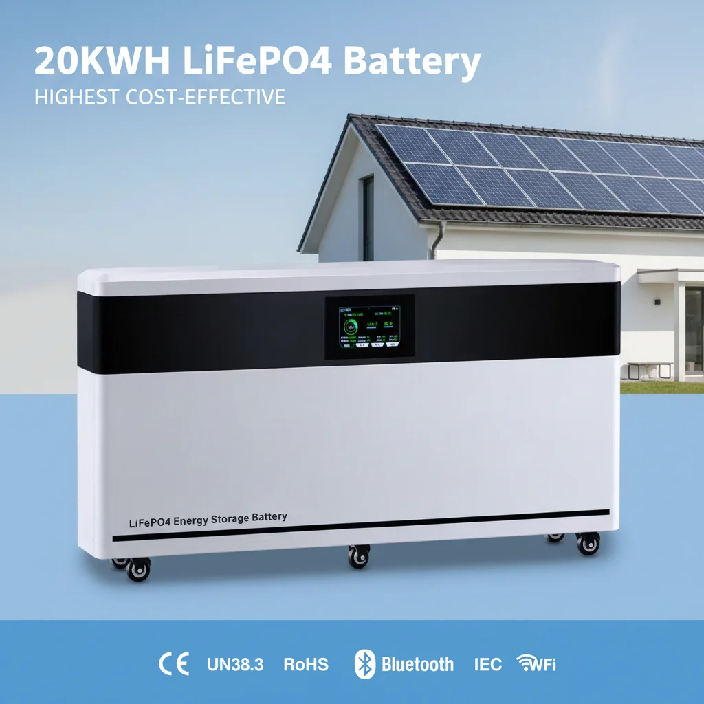 Meer dan 8000 cycli, 15 kWh, 20 kWh, 51,2 V, 400 Ah lithium-LiFePO4-batterijpakket voor thuisopslag van energie met aanraakscherm en wielen