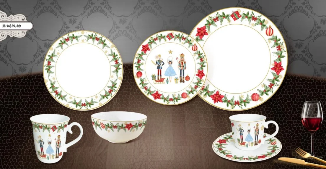 Taohui Ceramic Porcelain Customizable Christmas Vibe Dinner Set Dishes Bowls and Tea Cups for Home manufacture