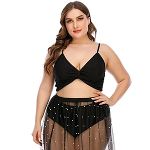 2022 Trending 3 Piece Bikini Set with Cover Ups Plain Black  High Waist Plus Size Women Swimwear Bathing Suit