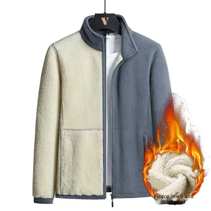 Sherpa wool lined 100% polyester fleece jacket, plus size 9XL, windproof stand collar, zip-up, unisex casual warm autumn coat.