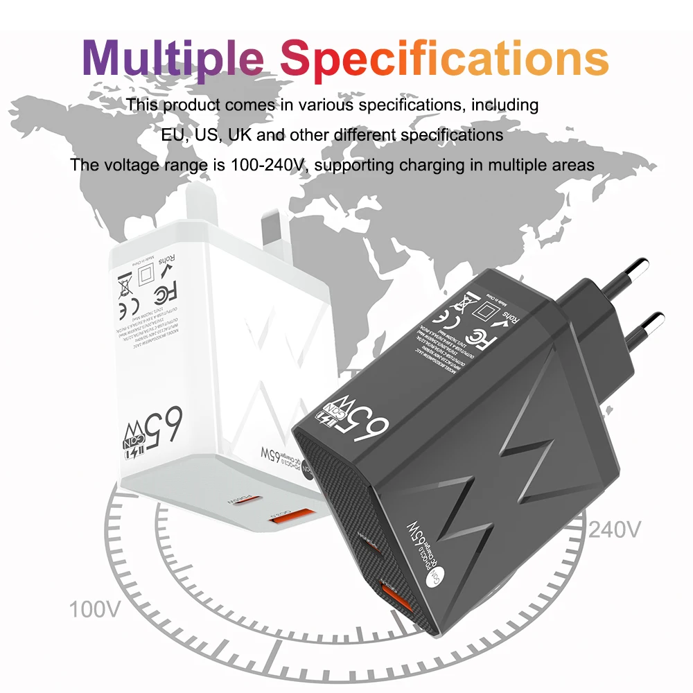 65W Type C Fast Charger GAN Laptop Wall Charger Adapter High Speed PD Charger for iPad for Samsung for iPhone 15
