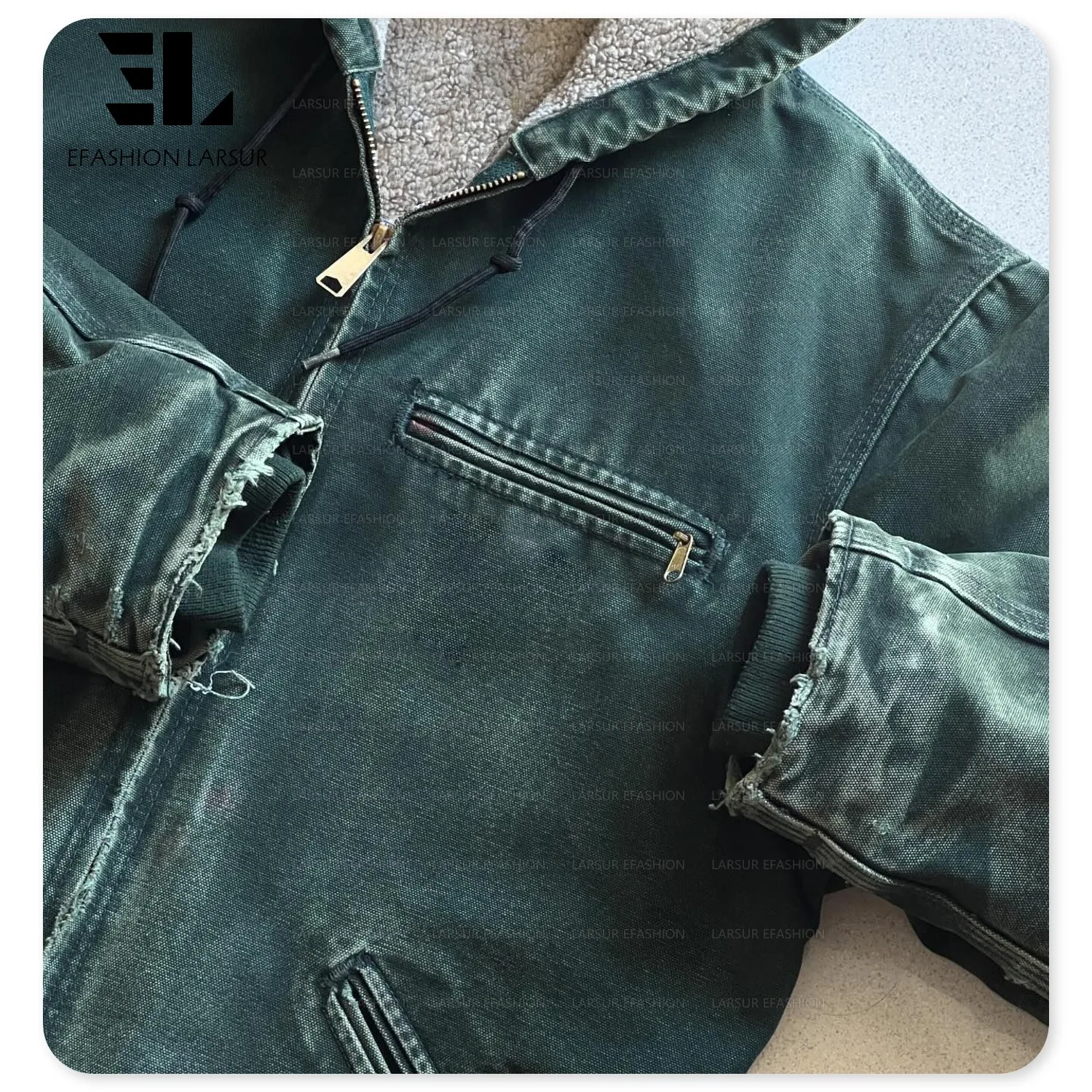 LARSUR Custom Distress Heavy Duck Canvas Boxy Work Jacket With Hood Zip Sherpa Lined Worker Workwear Bomber Jacket Canvas Hoodie