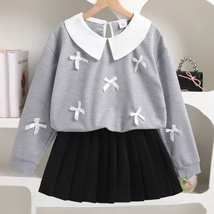 Autumn Girls' Fashion Bow Sweatshirt Pleated Short Skirt New Korean Style Casual Worested Fabric 8-12Years Clothes for Kids
