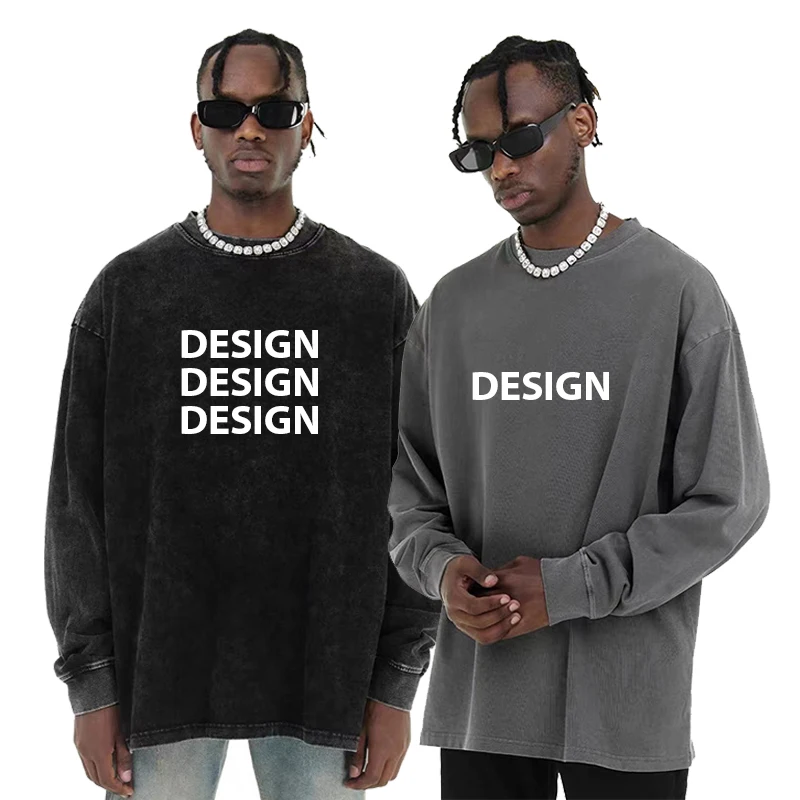 New Style Crew Neck Custom Long Sleeve Vintage Acid Washed T Shirts Cotton Men Long Sleeve T Shirts