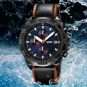 SKMEI 9347 Men's 47mm Quartz Digital Business Casual Watch Genuine Leather Strap Pointer Dial Water Resistant Design Luxury OEM