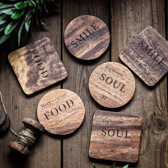 Pophorizon Cheap Custom Wooden Coaster With Logo Engraved Bar Accessories Beech Square Wood