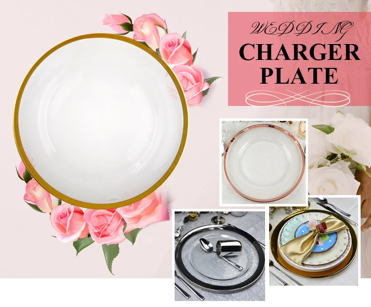 Wholesale Bulk 13" Clear Glass Gold Rim Charger Plates,Glass Hammered