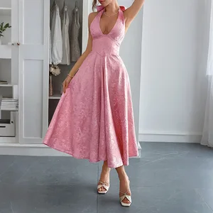 2025 New Women's Fashion Neck-Hanging Waist Dress, Solid Color Versatile Evening Gown for Ladies