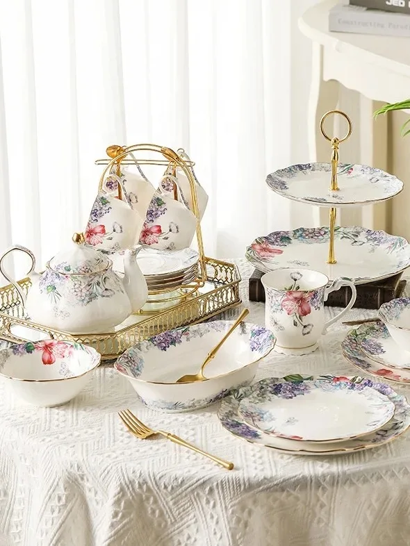 Lily European Afternoon Tea Set Ceramic Cup And Saucer Tableware Flower Dessert Cake Plate