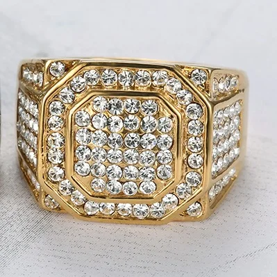 Hot Selling Style 316 Stainless Steel Titanium Steel Gold Plated Full Diamond Luxury Hiphop Men'S Ring
