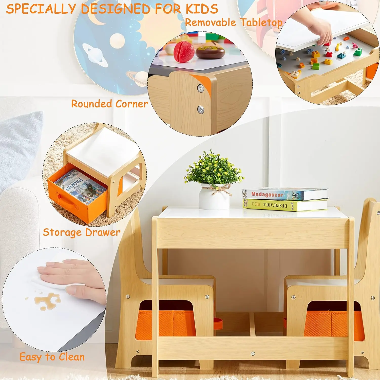 Detachable Sensory Table and Chair Set for Children, 3 in 1 Wooden Toddlers Drawing Table with Storage Drawers
