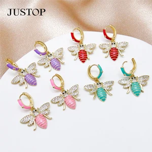 Wholesale Cute Little Bee Travel Gift Colorful Gold Plated Trendy Earring Charm Gold Cubic Zirconia Jewelry Earrings