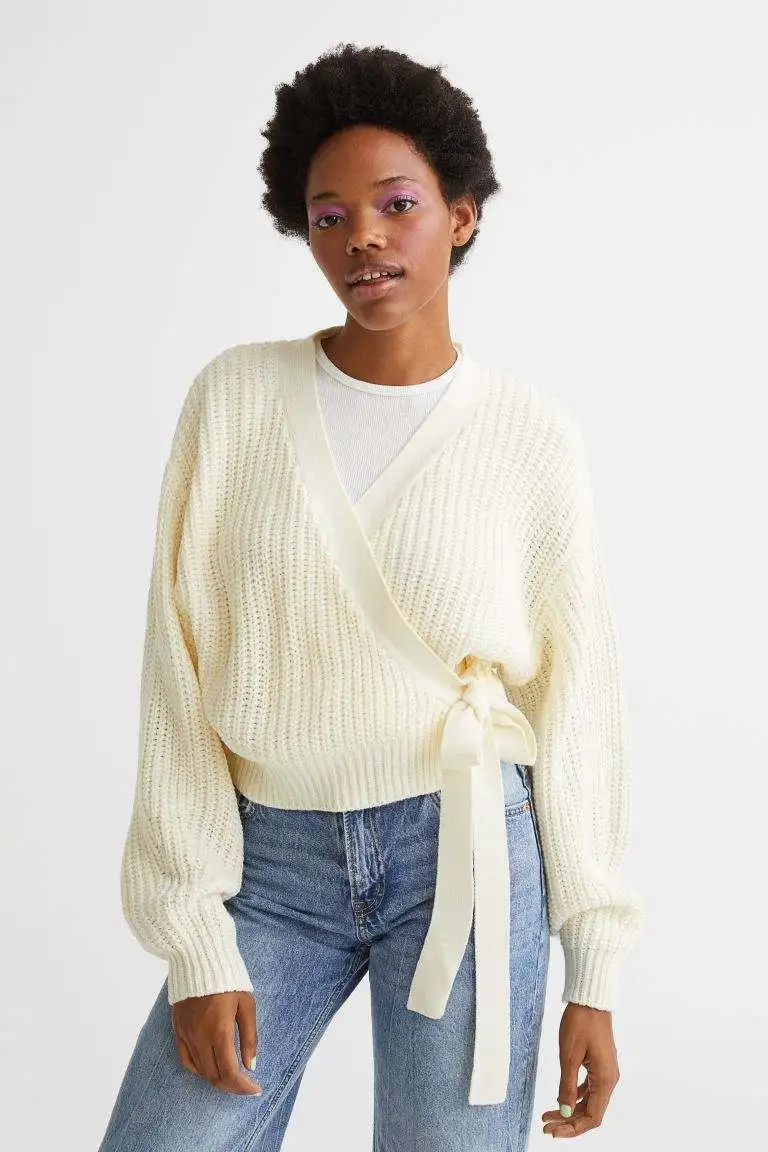 VSCOO Top High Quality Custom Deep Large v Neck Solid Color Long Sleeve Two Belts Bow Knot Knitting Women Sweater
