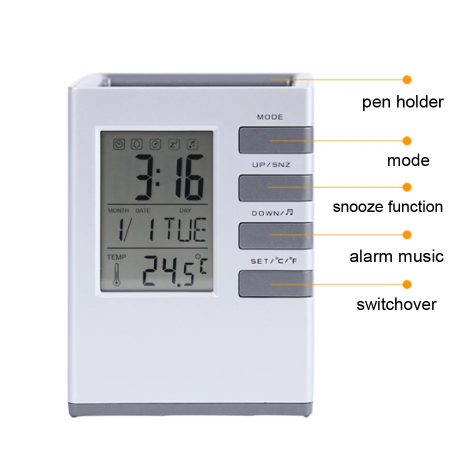 Office Plastic Alarm LCD Electronic Clock Pen Holder Brush Pot Container