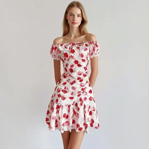 Custom Women's Off-Shoulder Floral Mini Dress with Ruffle Trim and Bow