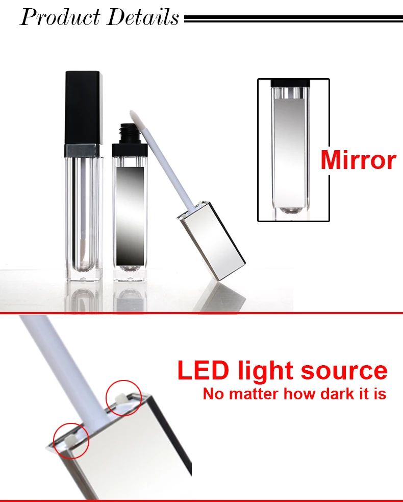 Private Label Luxury clear square Custom Empty 7ml 10ml Led Light Plastic Lip Gloss Tube with Mirror Lip Gloss Container Tube