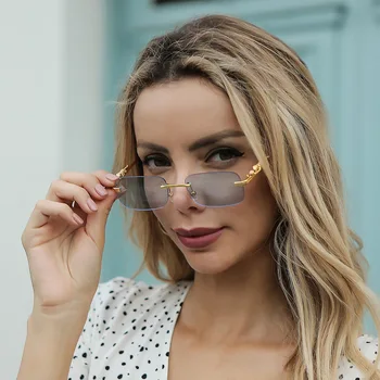 2023 New fashion Luxury Square glasses rimless Sunglasses Women  Designer Leopard Decorative Sunglasses men