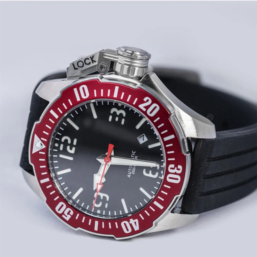 Custom Small Quantity Red Ceramic Bezel 200m Sport Vintage Protective Crown Mechanical Automatic Diver Watch Man for Sale