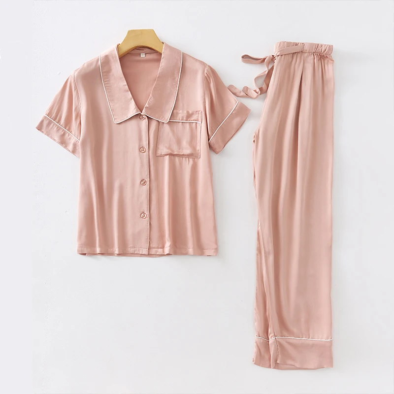 Spring Simple Satin Pajamas Women Long Sleeve Trousers Sleepwear ...