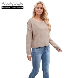 2026 New Korean Women's Knitted Pullover Sweater Fall Winter O-Neck Color Matching Front Loose Fit