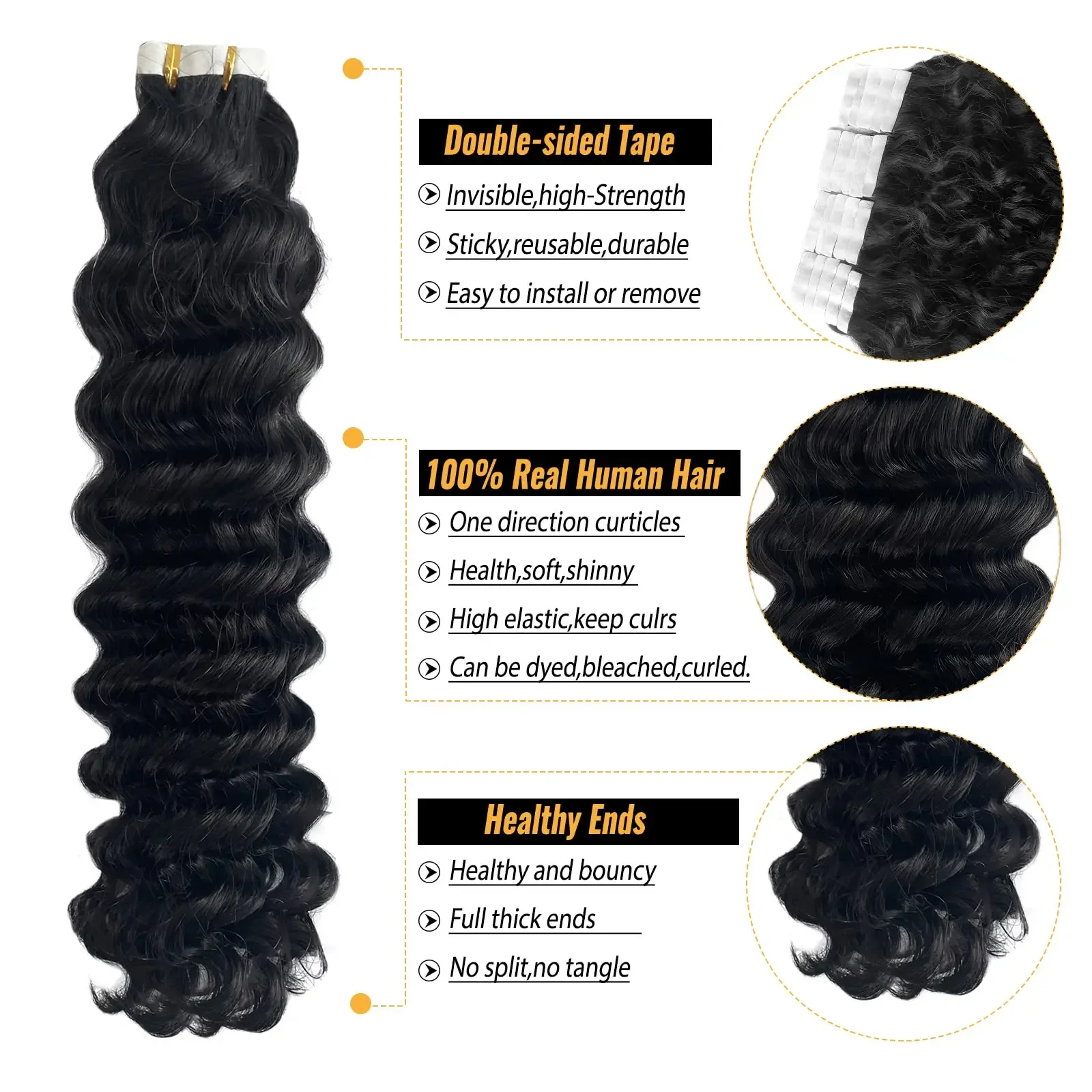 Deep Wave Tape In Hair Extensions Human Hair Remy Natural Color 20Pcs/Pack Skin Weft Invisible Tape_voghion.com