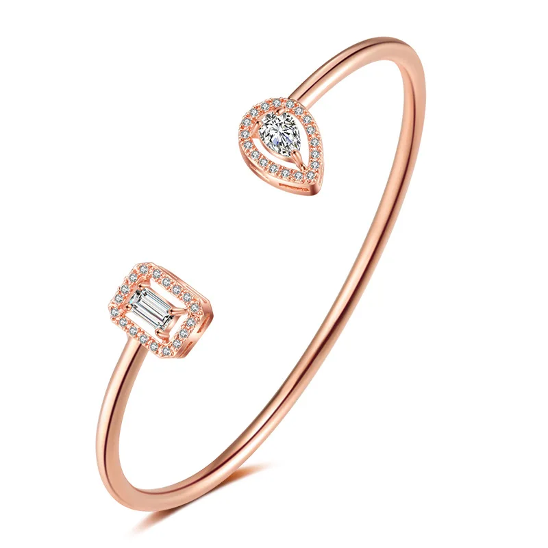 INS Style White Gold Plating Sparkling Full Crystal Heart Shape Bangles Square Geometric Full Cubic Zircon Diamond Open Bangles