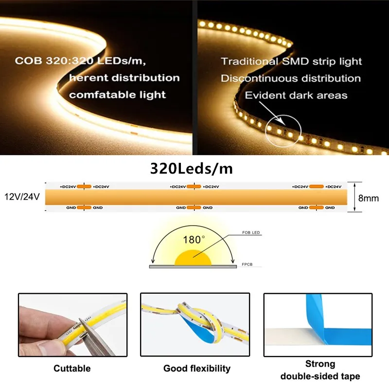 Flexible COB LED Strip Light High Density FOB Light Linear Ribbon 3000K 4000K 6000K Ra90 Dimmable 12V 24V Stril Lights