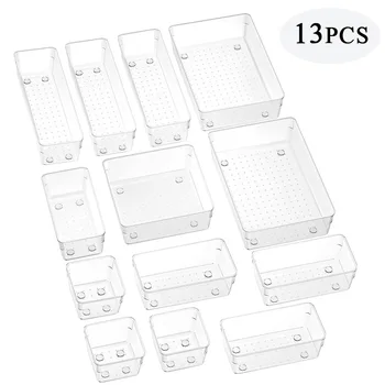 13-Piece Drawer Organizers with Non-Slip Silicone Pads 5-Size Desk Drawer Organizer Trays Storage Tray for Makeup