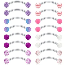 16PCS/ set stainless steel piercing jewelry Acrylic pearl glitter eyebrow ring Fashion women bent bar eyebrow nail jewelry