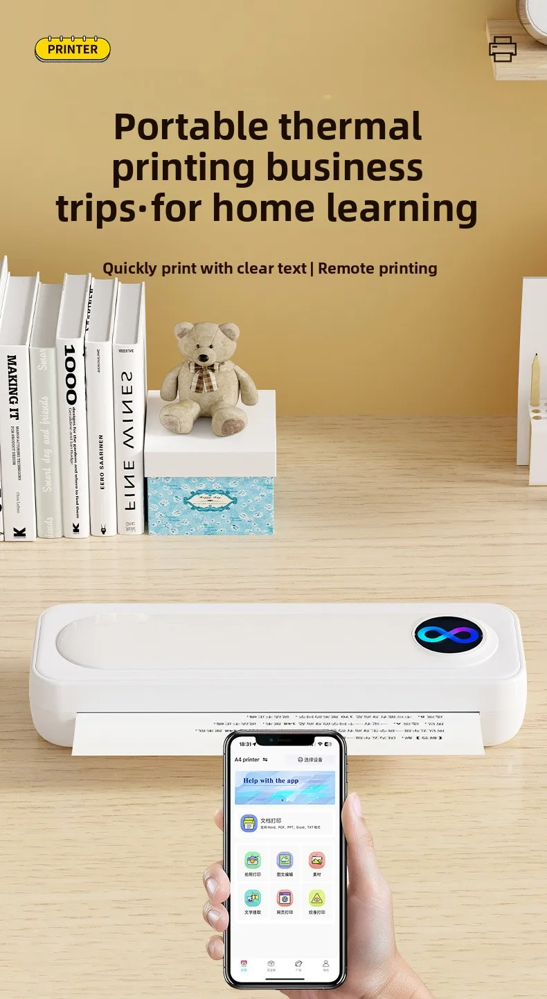Somall Mini Portable A4 Thermal Printer 203dpi for Micro USB 10W Power Inkless Error-Free Student Tool Stock Home Office