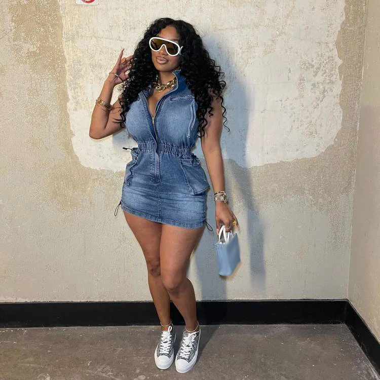 Summer Women Denim Dresses Sleeveless Stretch Pocket Cargo Dresses Casual  Streetwear Jeans Overall Cargo Dress Women Denim