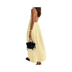 Women's Summer Casual Chic Solid Natural Chiffon Fabric Backless V-Neck Spaghetti Strap Loose Flowy Midi Cami Dress Floor-Length