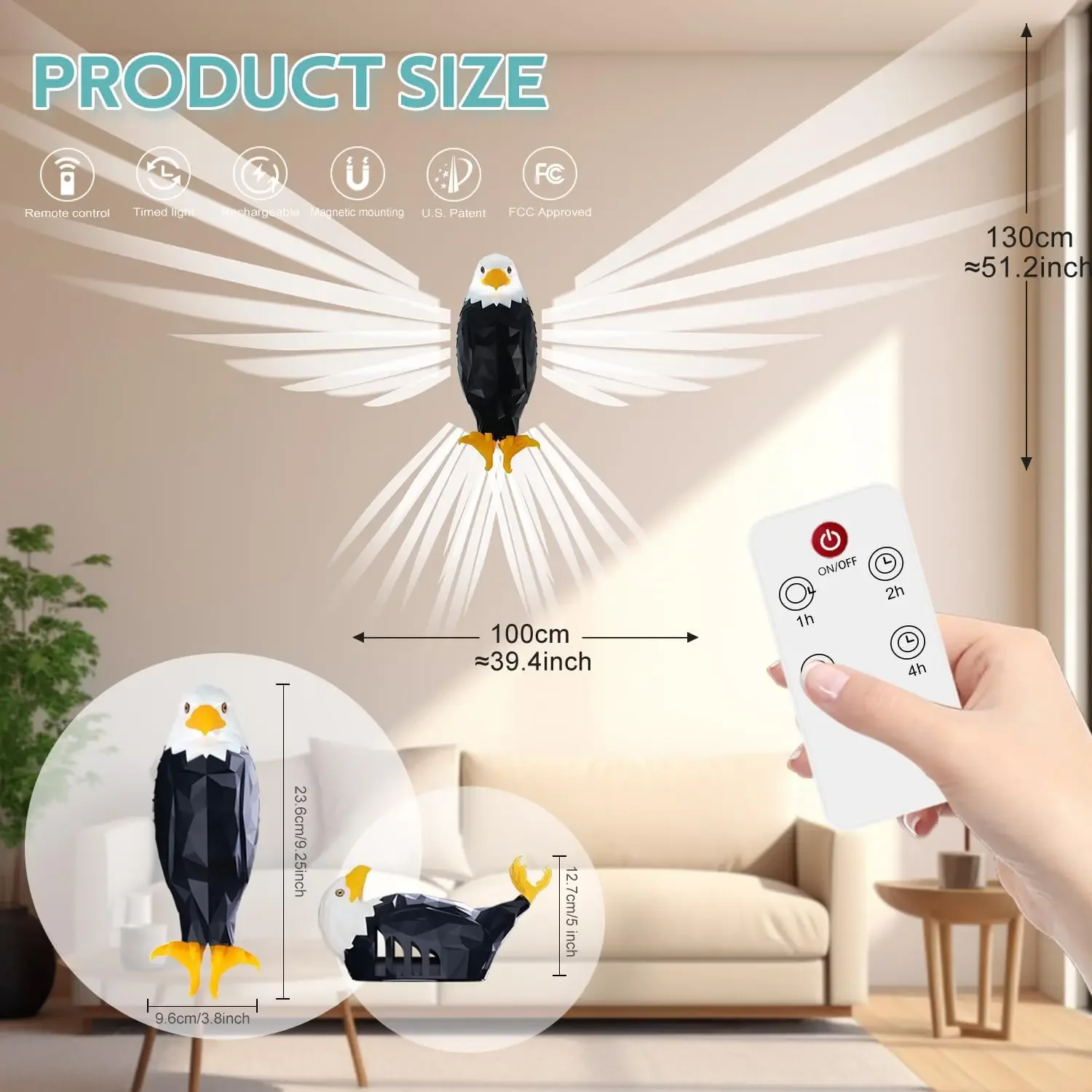 3D Bald Eagle Wall Lamp with Remote Control USB Charging Indoors Atmosphere Lamp Light LED Projector Wings of Light Novelty Gift