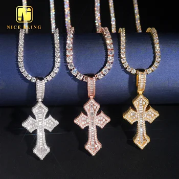 Full iced out hip hop cross pendants 925 sterling silver jewelry men women fashion baguette moissanite diamond cross pendants