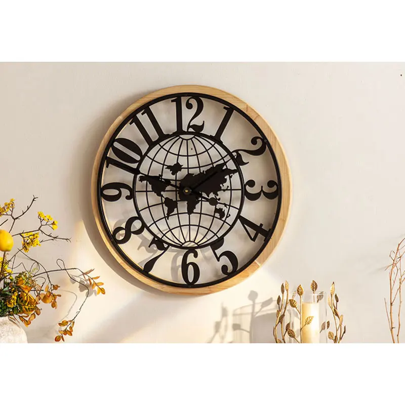 European Modern Creative Map Pattern Wall Clock Big Large Wooden Crafts Wall Hanging Contemporary Wall Mounted Clock