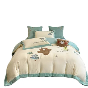 Milk Fleece Fiber Bed Plush Four-Piece Set  Home Textile Bed Sheets With Pillowcase Quilt Cover Bed Sheet
