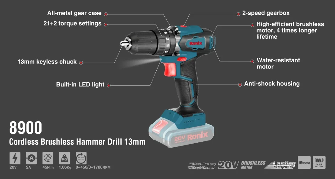 Ronix 8900 Cordless Electric Drill,13mm 20v Lithium Battery Brushless