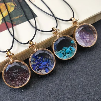 Healing Crystal Wishing Round Bottle Pendants Necklace for Womens Girls Tumbled Gravel Chips Stone Pendant Jewelry