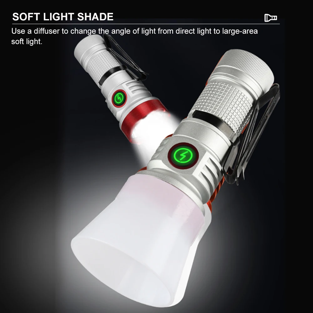 Portable Rechargeable EDC Small Flashlight 7pcs LED Waterproof Tactical Camping Torch Light with Magnet Aluminum Alloy Lamp Body