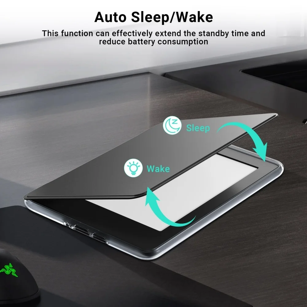 product for laudtec 2024 signature edition auto sleep wake foldable case clear leather hand strap clear case kindle paperwhite 12th gen-8