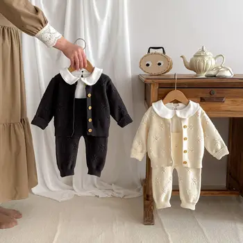 Baby clothes 2024 Spring New knitted cardigan suit all-match woolen baby outerwear suspender pants