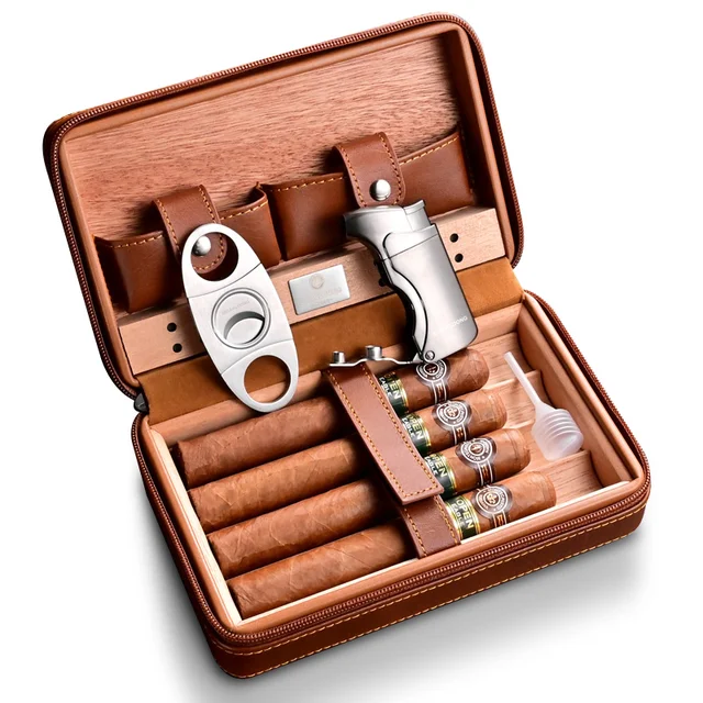 CIGARLOONG Personalized Multifunctional Cowhide Cigar Humidor, Cigar Cutter Lighter Set Cigar Case