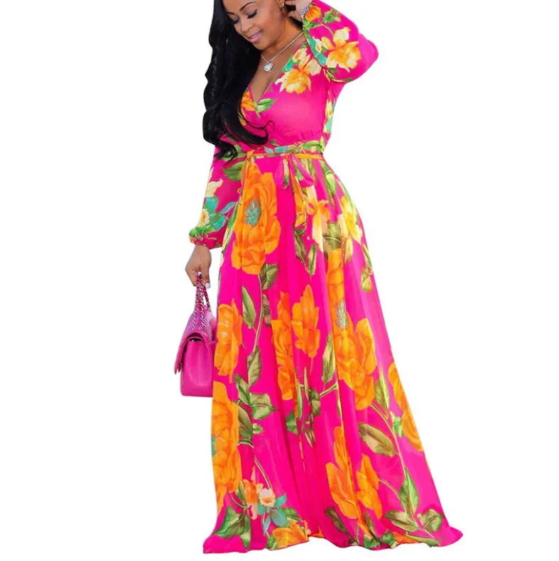 PASUXI Good Reputation Chiffon Digital Print Women Maxi Dress Long Sleeve Plus Size Party Dresses