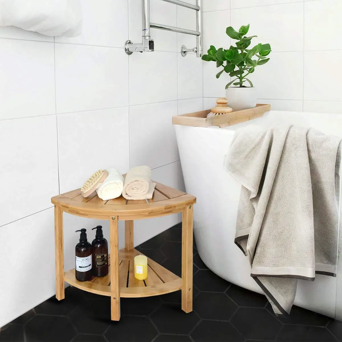 Ecofriendly Bamboo Corner Shower Seat Bench Waterproof Stool With