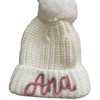 Handmade Embroidered Name Knitted Hat for Baby Woolen Hat with Character Style Male and Female Cotton Ball Woolen Hat